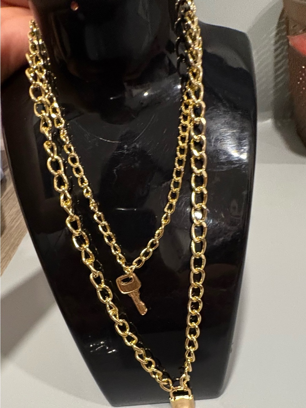 Gold Link Layered Necklace with Key Pendant